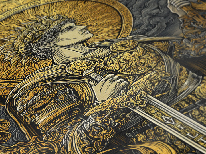 Classical Warrior God Artwork, Metallic Gold Metal Print, Mythology Wall Art, Ancient Roman Style, Real Wood Frame Decor