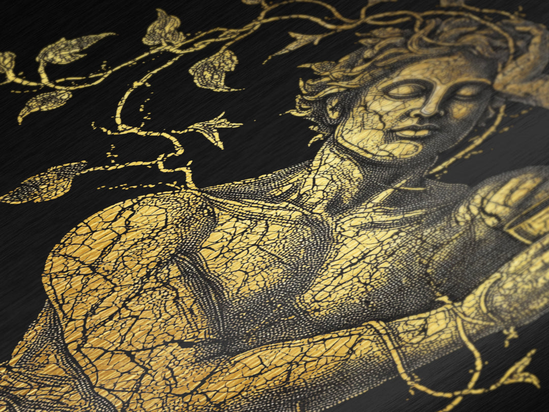Sleeping God With Vines Artwork, Metallic Gold Art Print, Mythology Dionysus Inspired Wall Decor, Mosaic Style, Real Wood Frame