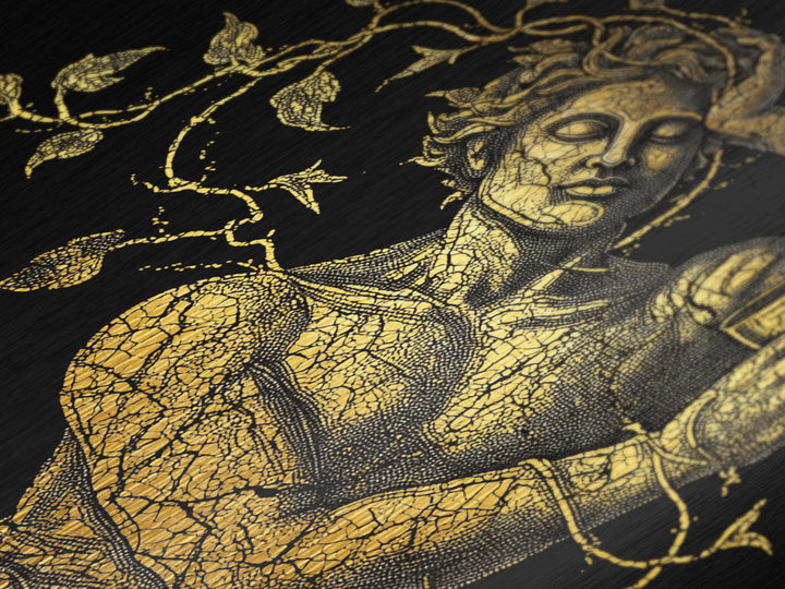 Sleeping God With Vines Artwork, Metallic Gold Art Print, Mythology Dionysus Inspired Wall Decor, Mosaic Style, Real Wood Frame