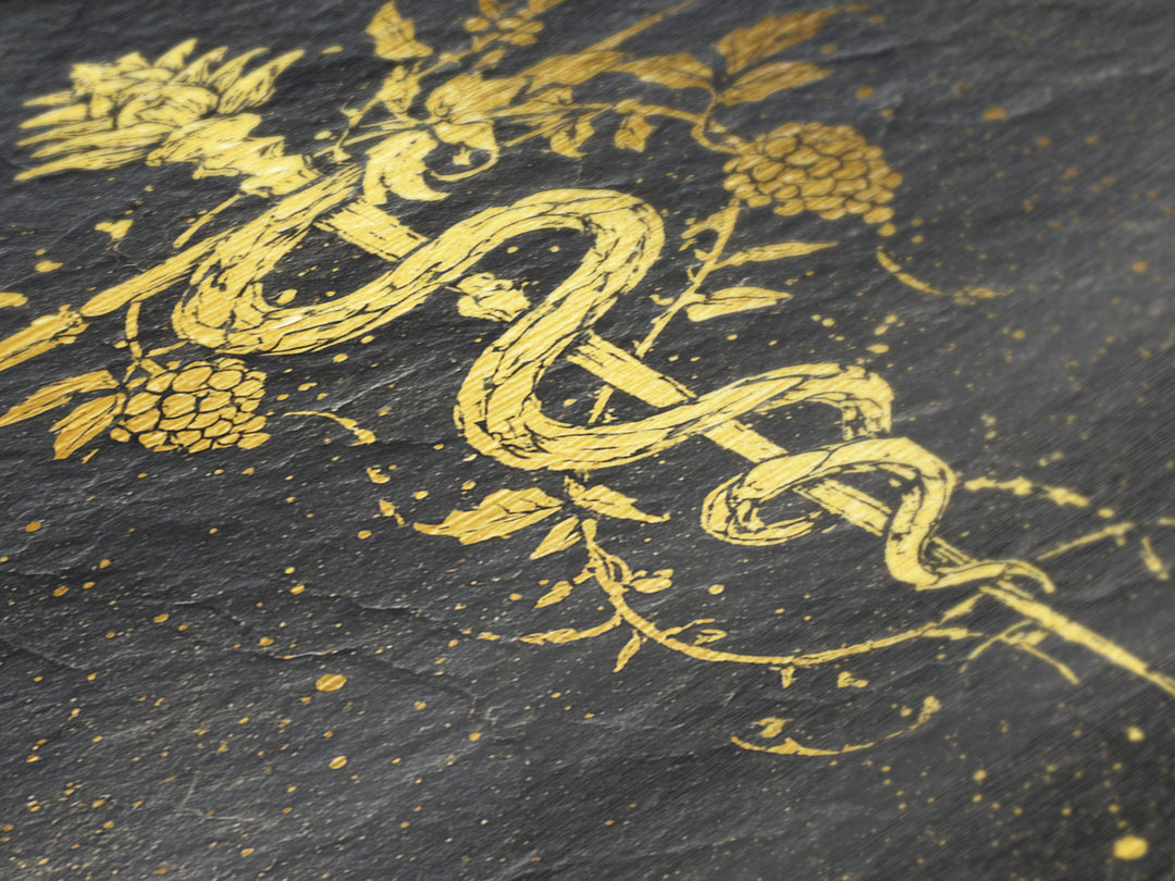 Mythical Serpent Staff Metallic Gold Metal Print, Ancient Symbolic Snake Art, Luxury Decor With Real Wood Frame