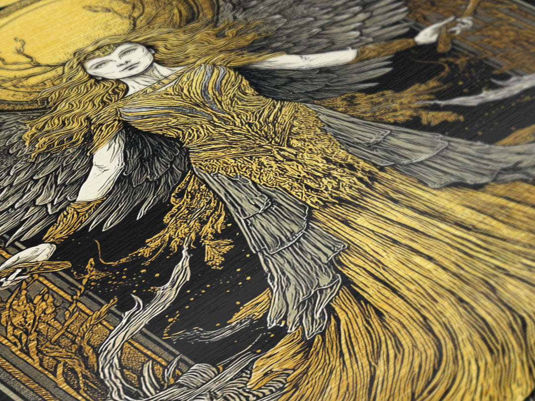Mythical Winged Goddess Metallic Gold Metal Print, Fantasy Divine Woman Art, Ethereal Luxury Decor With Real Wood Frame