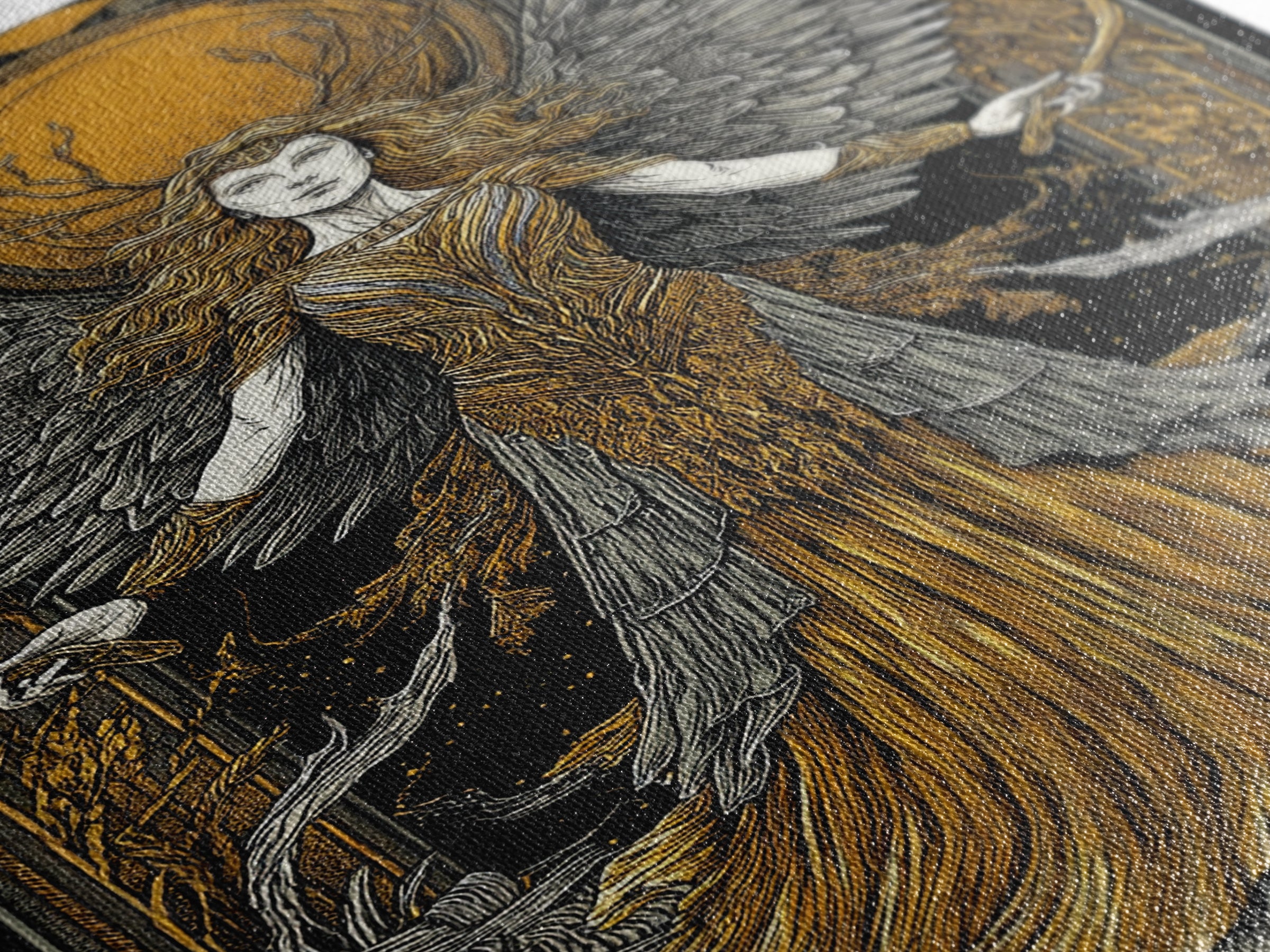 Mythical Winged Goddess Canvas Gold Canvas Print, Fantasy Divine Woman Art, Ethereal Luxury Decor With Real Wood Frame