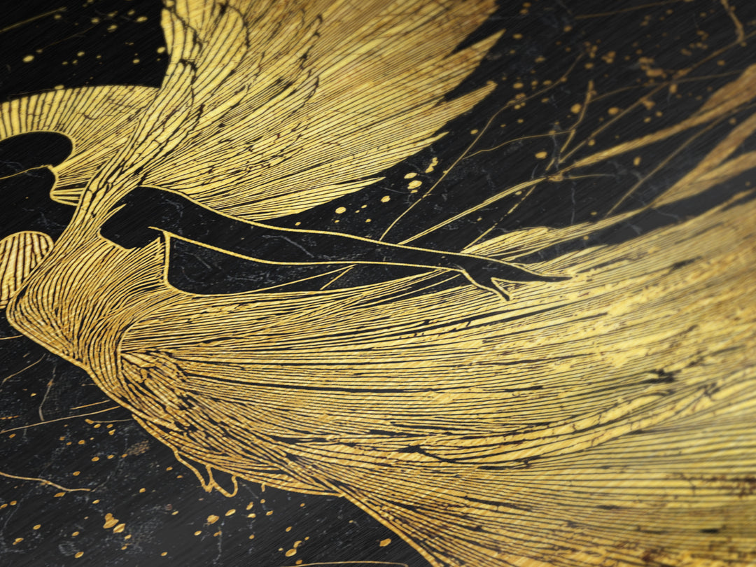 Golden Angelic Silhouette Metallic Gold Metal Print, Elegant Divine Figure Art, Celestial Decor With Real Wood Frame