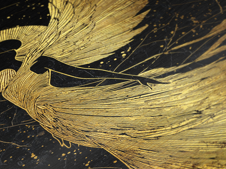 Golden Angelic Silhouette Metallic Gold Metal Print, Elegant Divine Figure Art, Celestial Decor With Real Wood Frame