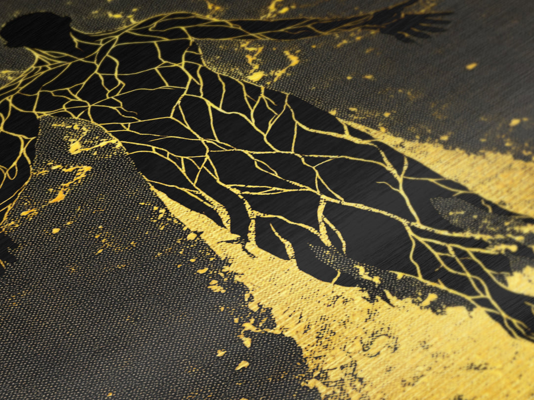 Radiant Ascension Metallic Gold Metal Print, Mythological Abstract Silhouette, Celestial Fantasy Wall Art, Real Wood Frame