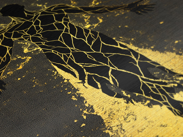 Radiant Ascension Metallic Gold Metal Print, Mythological Abstract Silhouette, Celestial Fantasy Wall Art, Real Wood Frame