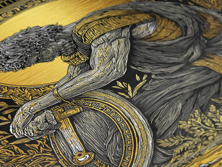 Kneeling Roman Soldier With Shield, Metallic Gold Art, Mythology Inspired Print, Ancient History Wall Decor, Real Wood Frame