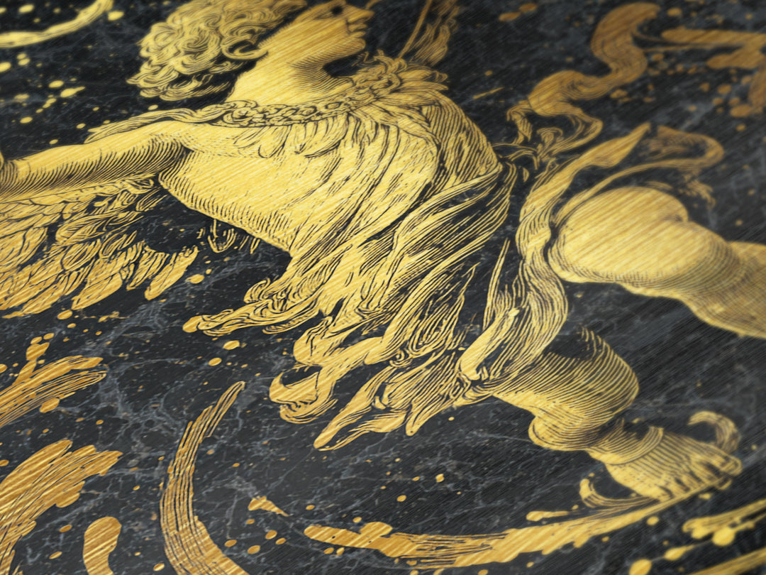Winged Angel With Water Vessel, Metallic Gold Metal Print, Mythology Inspired Artwork, Ancient Classical Decor, Real Wood Frame