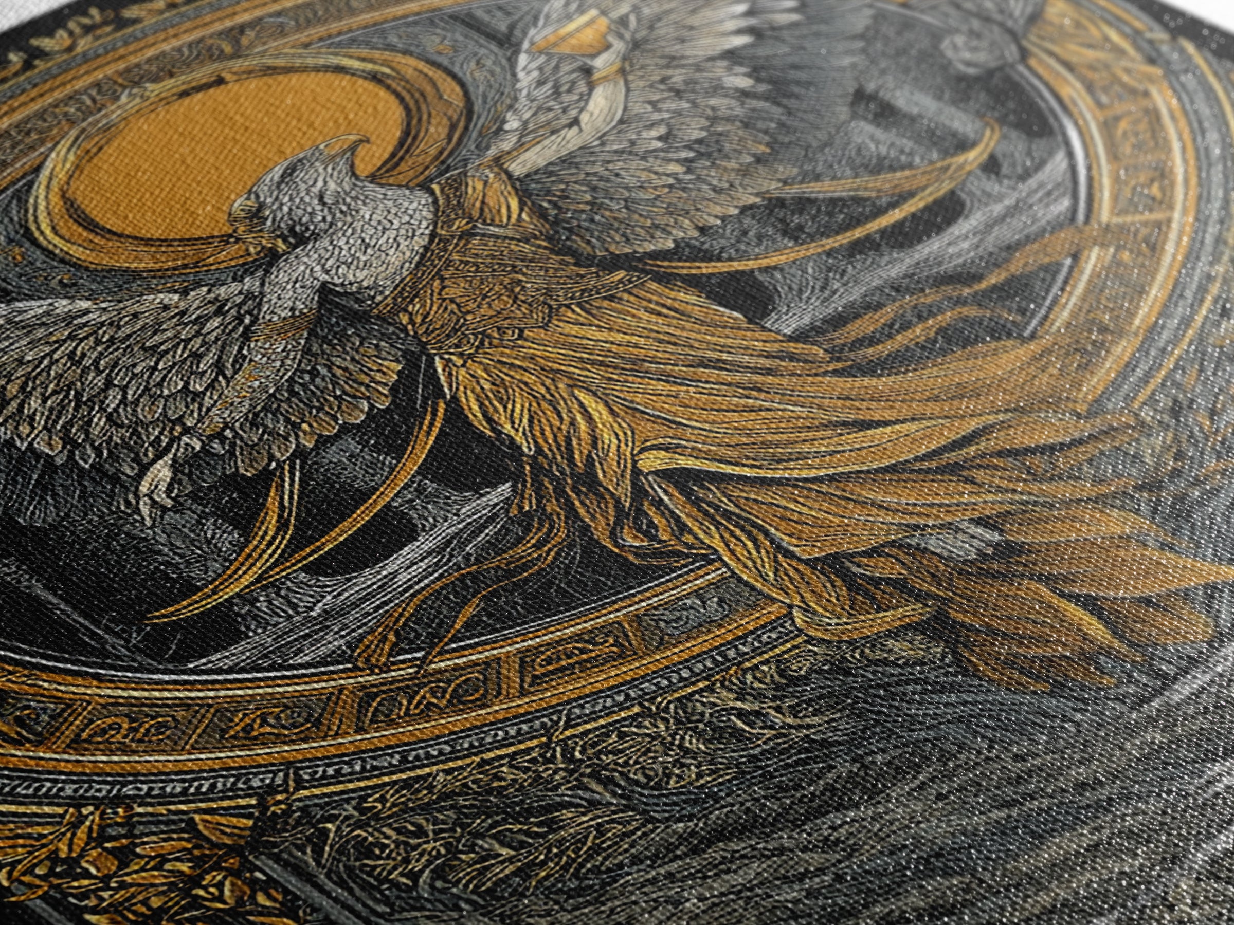 Eagle Headed Deity Holding Chalice, Canvas Gold Art, Mythology Inspired Wall Print, Ancient Symbol Artwork, Real Wood Frame
