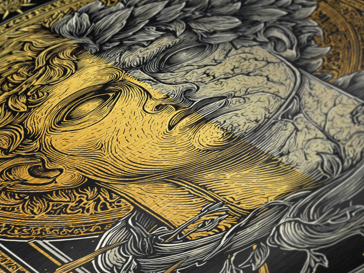 Dual Faced Mythological Bust, Metallic Gold Metal Print, Ancient Symbolic Artwork, Mythology Inspired Wall Decor, Real Wood Frame