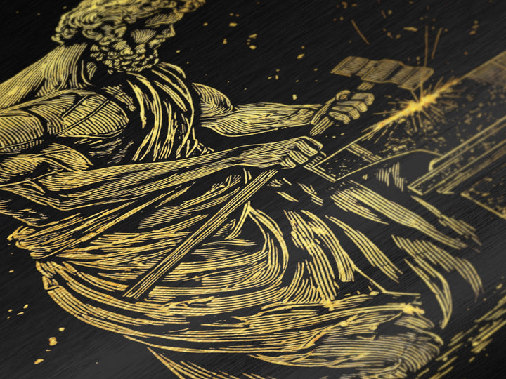 Hephaestus At Forge Metallic Gold Metal Print, Greek God Blacksmith Art, Strong Mythology Wall Decor, Real Wood Frame