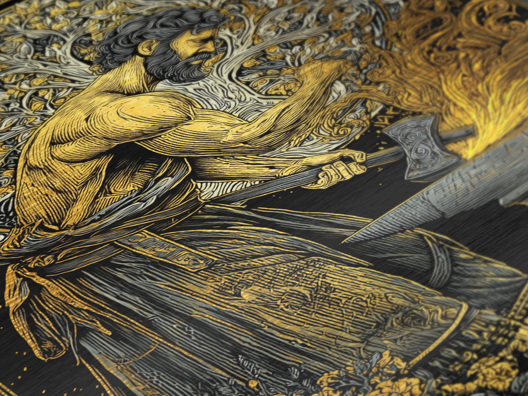 Mythical Forge Master Metallic Gold Metal Print, Ancient Greek Hephaestus Art, Dramatic Mythology Wall Decor, Real Wood Frame