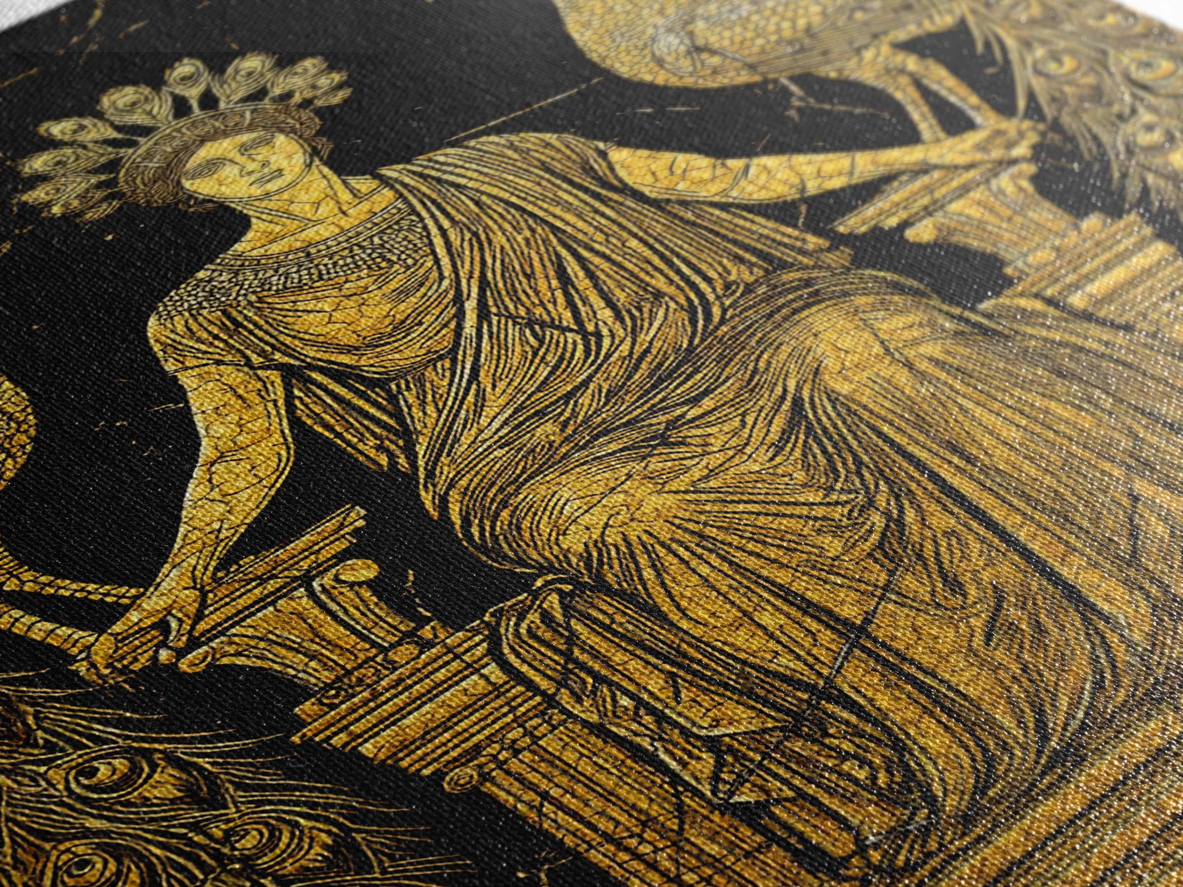 Greek Goddess Hera With Peacocks Canvas Gold Canvas Print, Mythology Wall Art, Luxury Wood Framed Art Decor