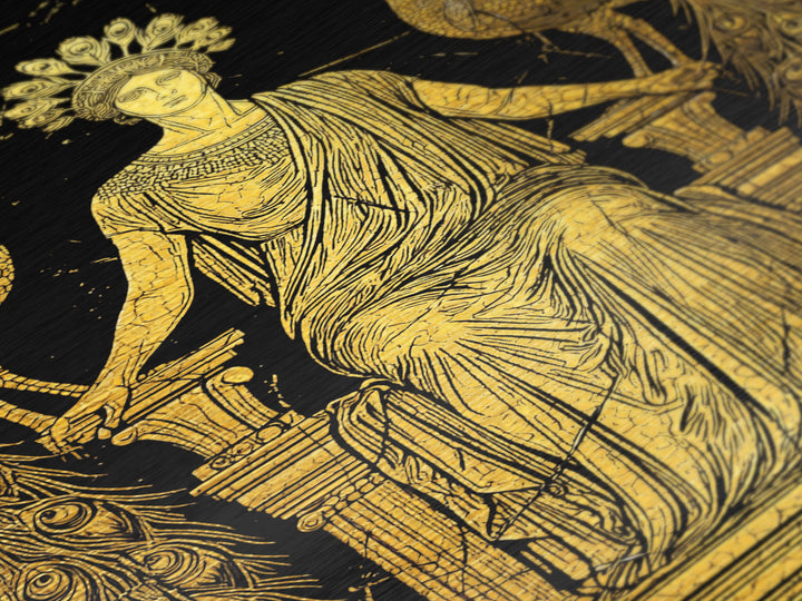 Greek Goddess Hera With Peacocks Metallic Gold Metal Print, Mythology Wall Art, Luxury Wood Framed Art Decor