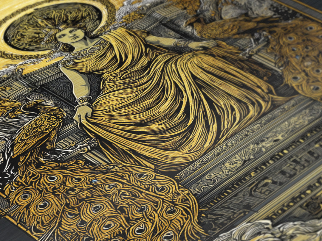 Divine Queen Hera Metallic Gold Metal Print, Greek Goddess Wall Art, Regal Mythology Decor, Real Wood Frame Artwork