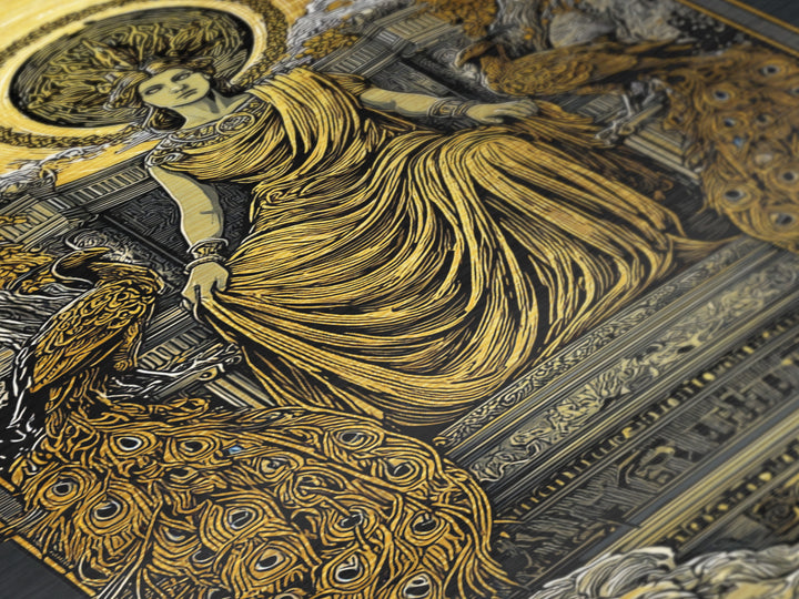 Divine Queen Hera Metallic Gold Metal Print, Greek Goddess Wall Art, Regal Mythology Decor, Real Wood Frame Artwork