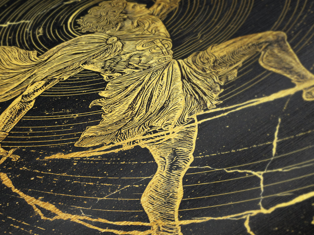 Hermes Running With Caduceus Metallic Gold Metal Print, Greek God Art, Mythology Wall Decor, Luxury Wood Framed Print