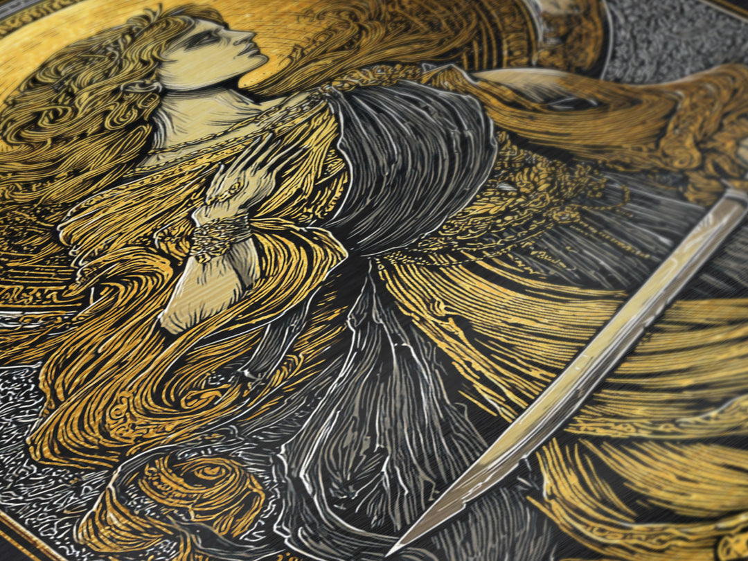 Metallic Gold Metal Print, Mythical Goddess With Sword Art, Ancient Deity Wall Decor, Divine Feminine Strength Artwork, Real Wood Frame