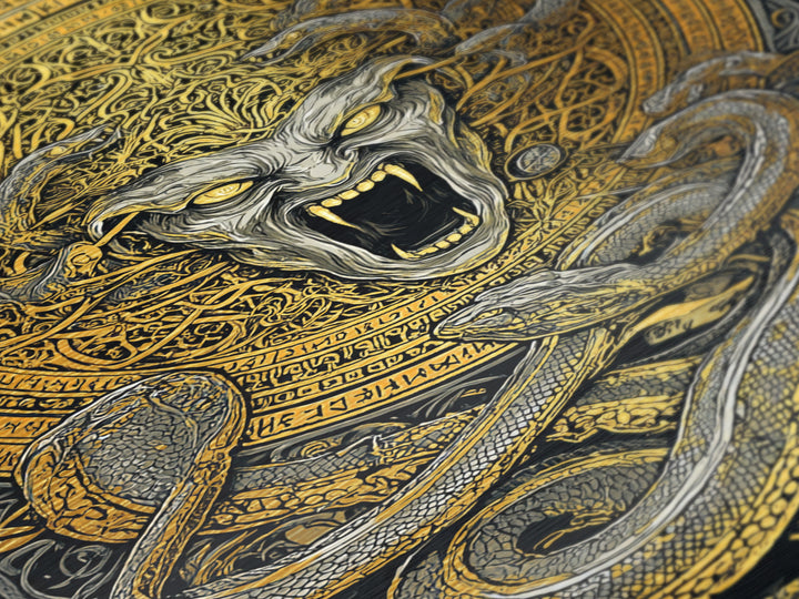 Medusa Serpent Metallic Gold Metal Print, Mythology Wall Art, Fierce Gorgon Decor, Greek Goddess Inspired Artwork, Real Wood Frame