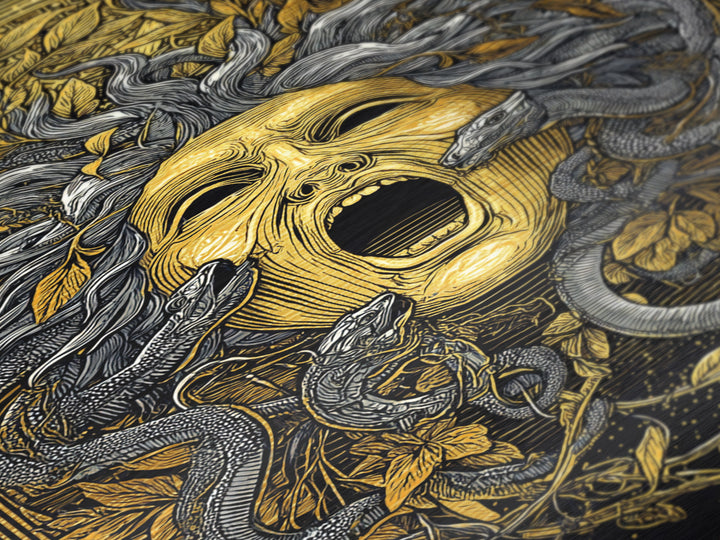 Medusa Mask Metallic Gold Metal Print, Snake Hair Wall Art, Mythology Decor, Greek Gorgon Artwork, Intricate Myth Print, Real Wood Frame