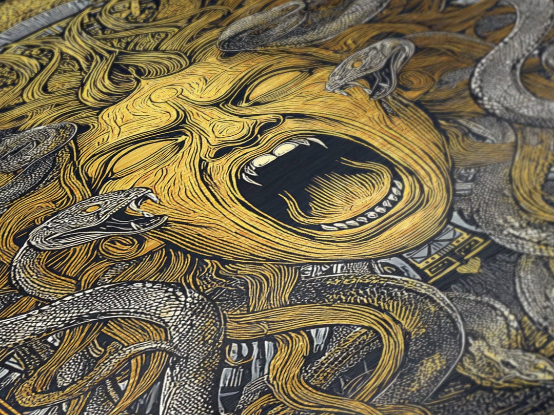 Medusa Snakes Metallic Gold Metal Print, Mythology Wall Art, Fierce Gorgon Decor, Ancient Greek Inspired Artwork, Real Wood Frame