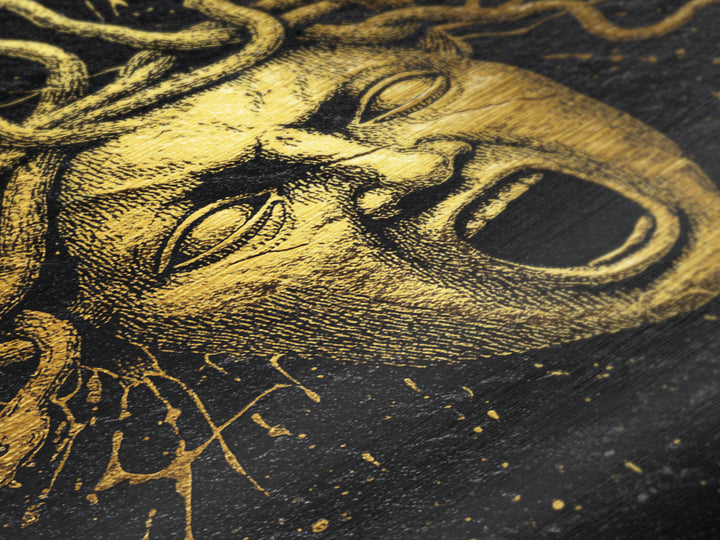 Medusa Face Metallic Gold Metal Print, Mythology Wall Art, Serpent Haired Gorgon Decor, Dark Fantasy Greek Artwork, Real Wood Frame