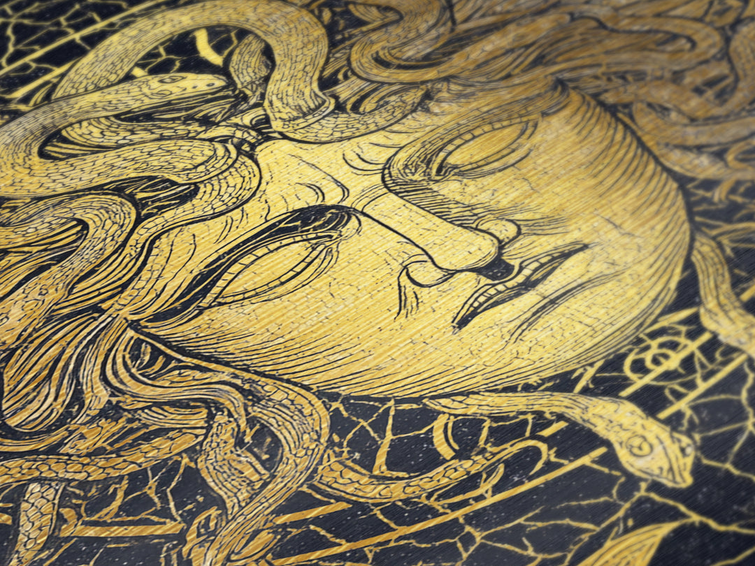 Medusa Head Metallic Gold Art, Mythology Wall Print, Snake Hair Decor, Fierce Ancient Greek Gorgon Artwork, Real Wood Frame