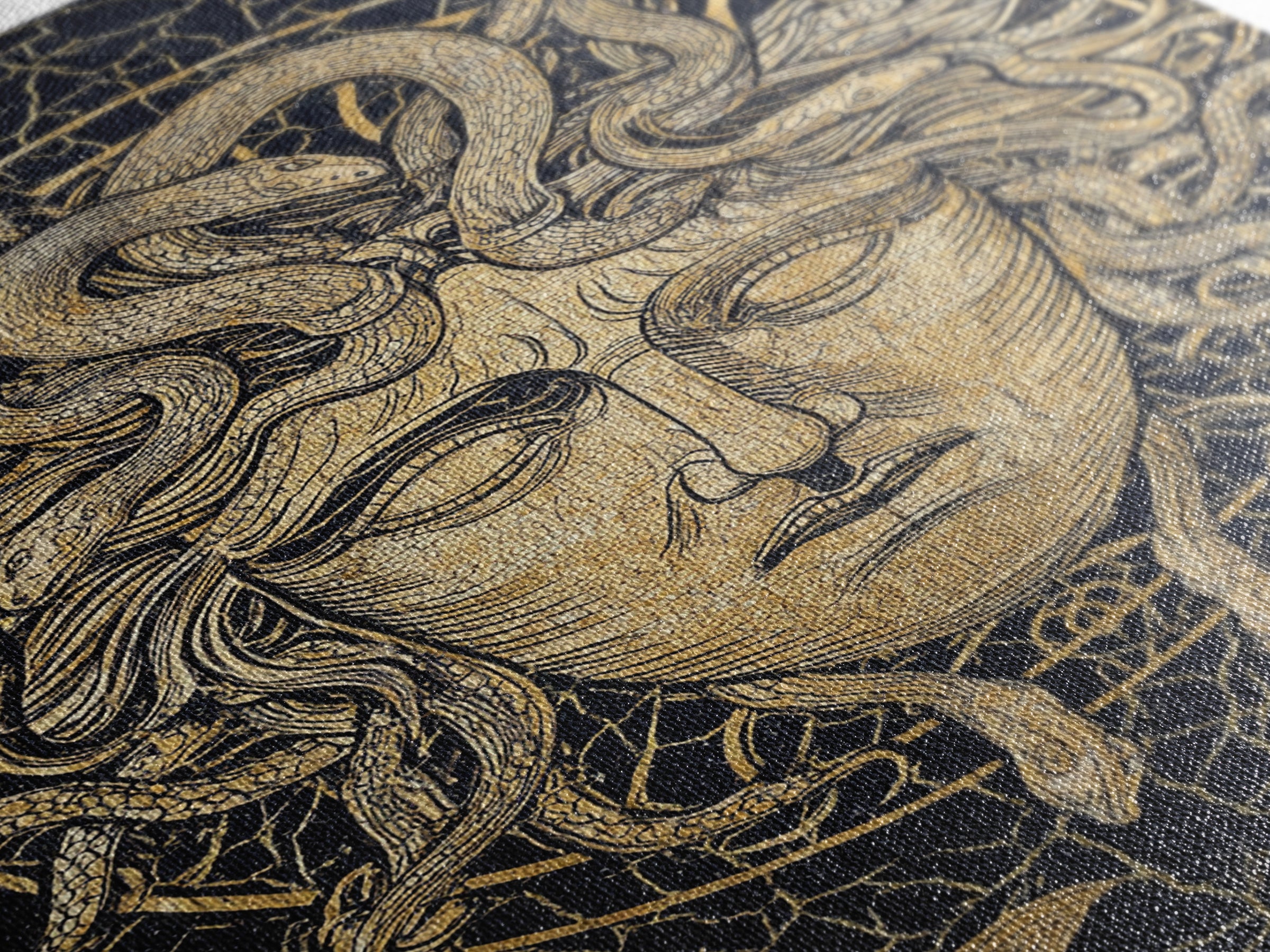 Medusa Head Canvas Gold Art, Mythology Wall Print, Snake Hair Decor, Fierce Ancient Greek Gorgon Artwork, Real Wood Frame