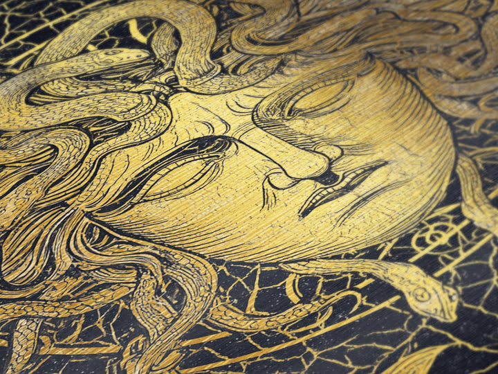Medusa Head Metallic Gold Art, Mythology Wall Print, Snake Hair Decor, Fierce Ancient Greek Gorgon Artwork, Real Wood Frame
