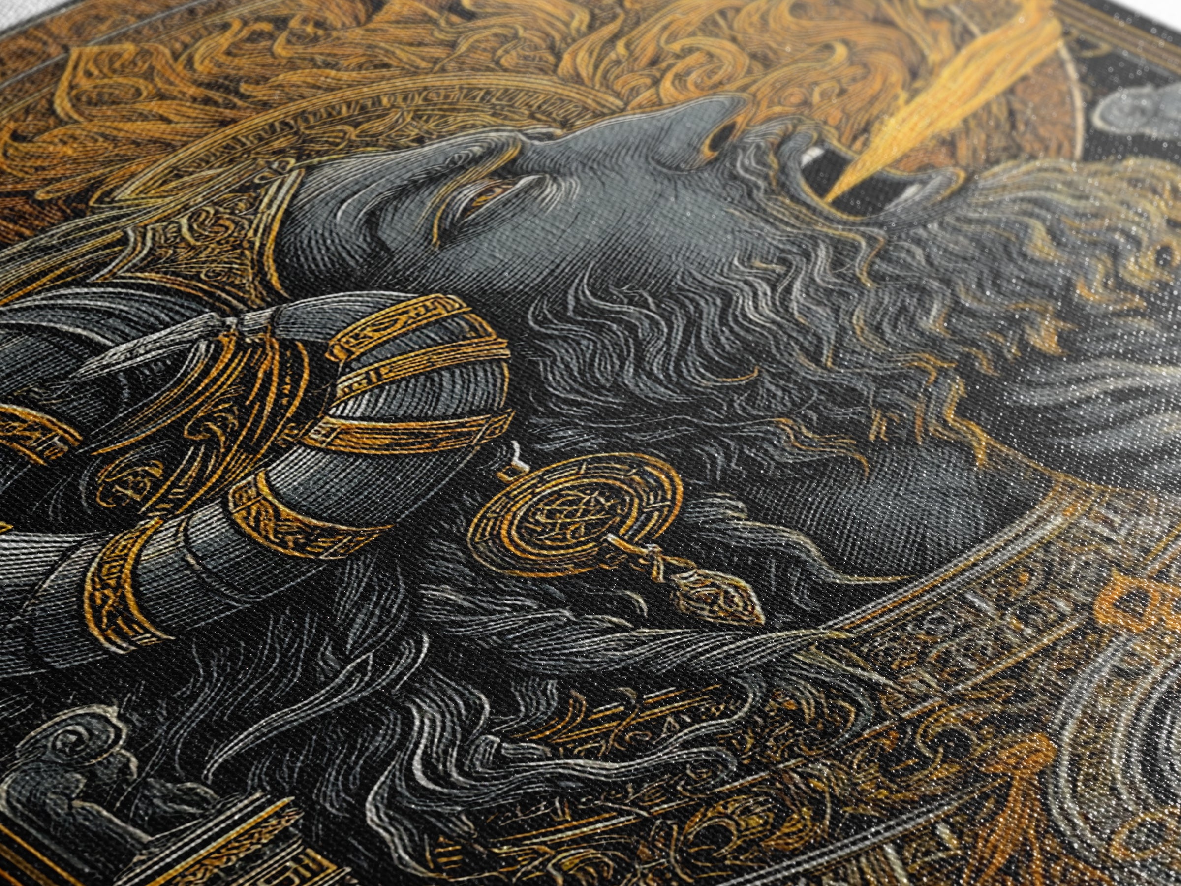 Horned God Canvas Gold Canvas Print, Mythology Wall Art, Fire Breathing Deity Decor, Pagan Inspired Spiritual Artwork, Real Wood Frame