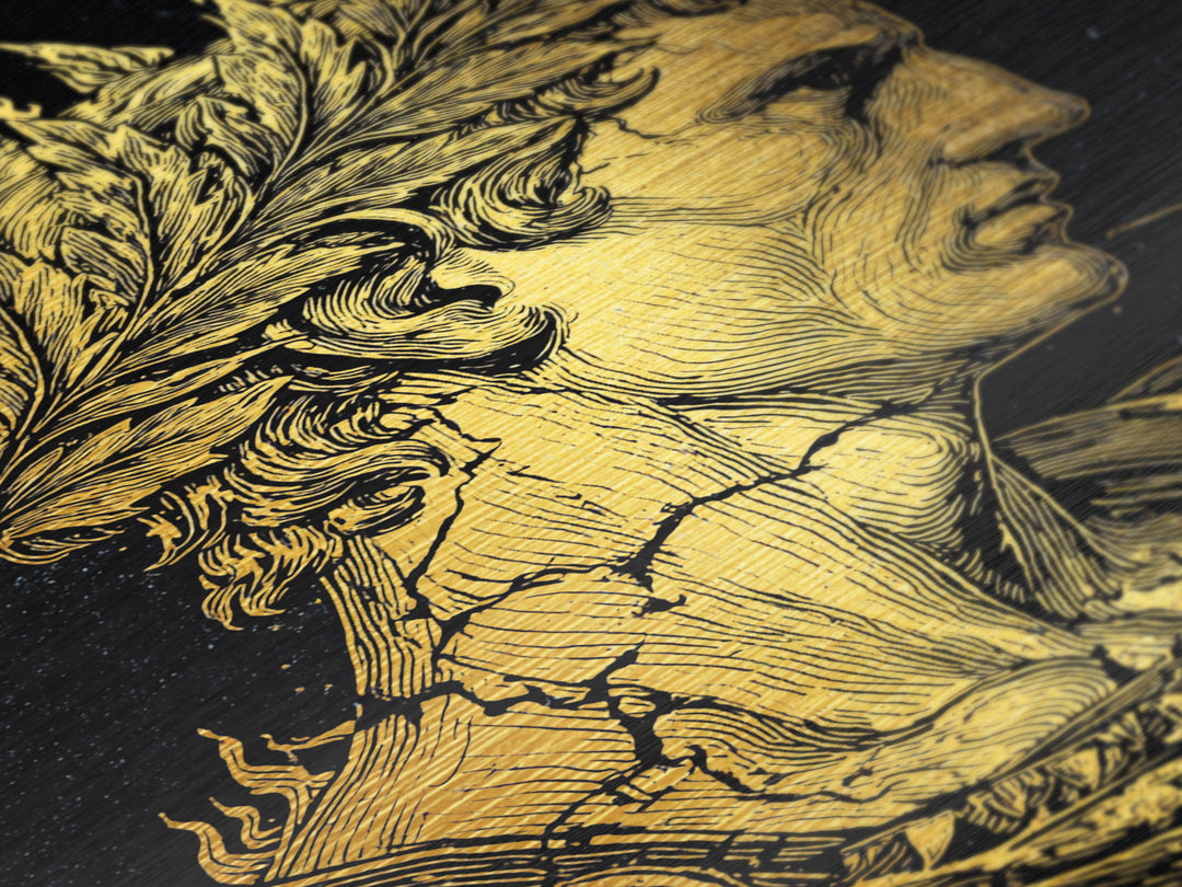 Mythical Goddess Metallic Gold Metal Print, Ancient Fantasy Wall Art, Mystical Woman With Symbols, Mythology Inspired Real Wood Frame