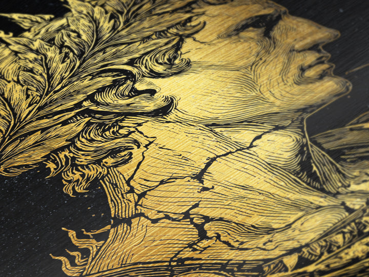 Mythical Goddess Metallic Gold Metal Print, Ancient Fantasy Wall Art, Mystical Woman With Symbols, Mythology Inspired Real Wood Frame