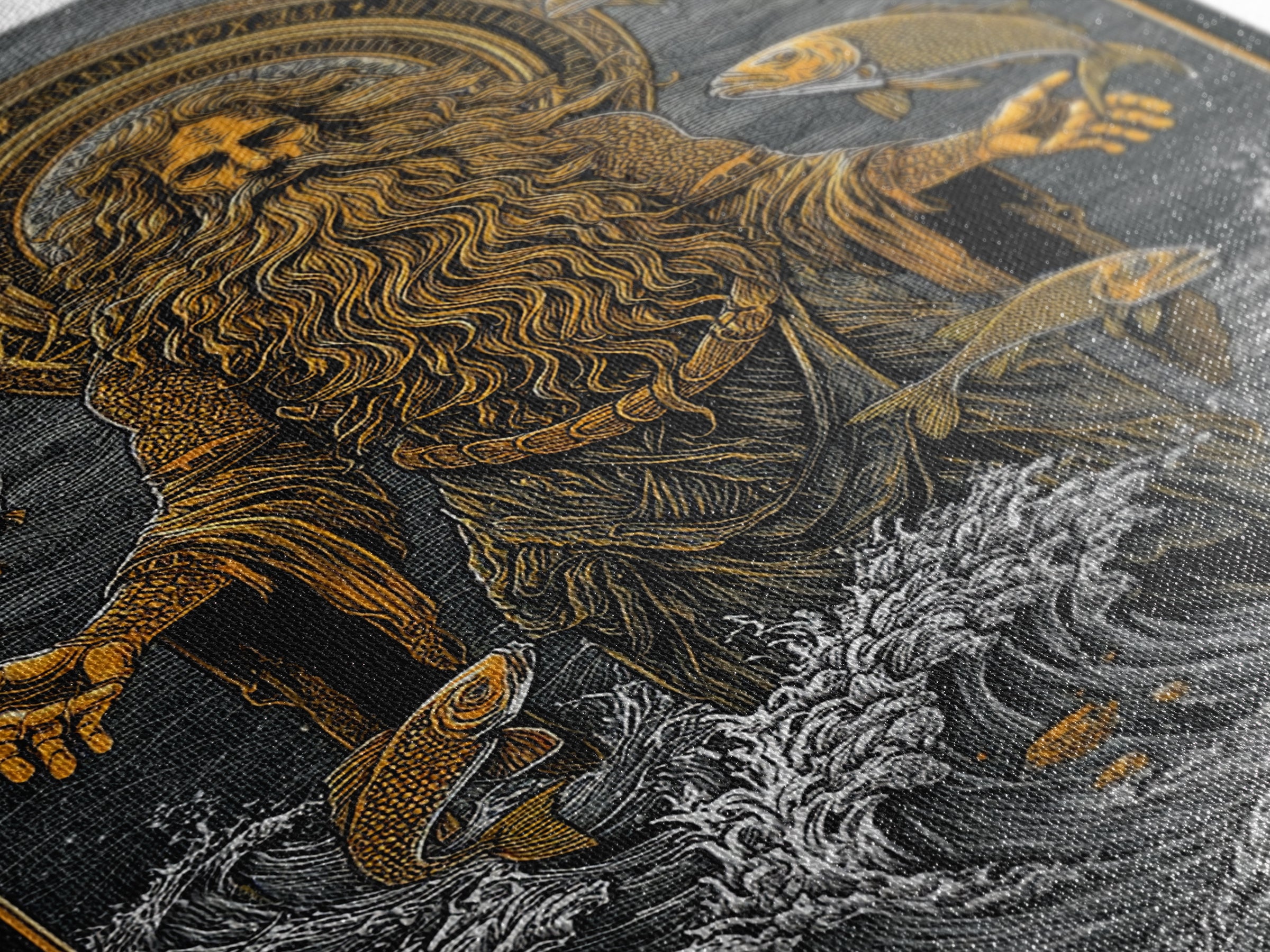 Powerful Titan Oceanus Canvas Gold Canvas Print, Greek Mythology Wall Art, Real Wood Frame, Luxury Ocean Inspired Home Accent