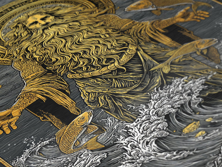 Powerful Titan Oceanus Metallic Gold Metal Print, Greek Mythology Wall Art, Real Wood Frame, Luxury Ocean Inspired Home Accent