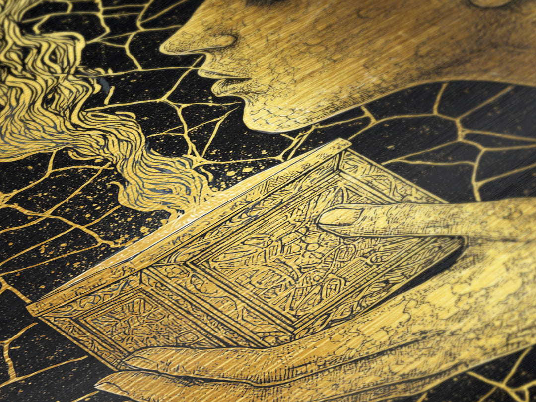 Pandora Opening Mythical Box, Surreal Greek Goddess Design, Metallic Gold Metal Print, Mythological Wall Art, Real Wood Frame, Enchanting