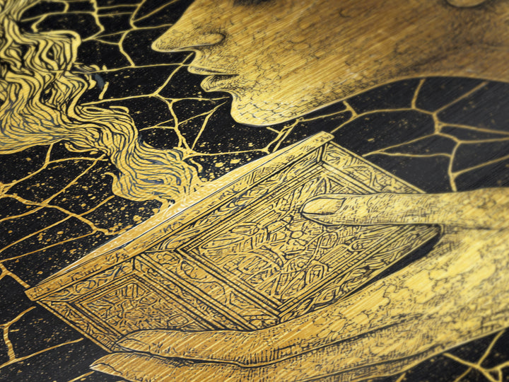 Pandora Opening Mythical Box, Surreal Greek Goddess Design, Metallic Gold Metal Print, Mythological Wall Art, Real Wood Frame, Enchanting