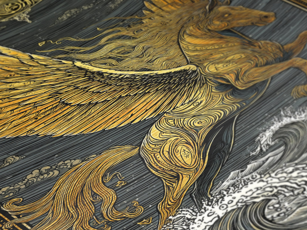 Pegasus Flying Above Waves, Mythical Winged Horse Art, Metallic Gold Art, Greek Mythology Wall Print, Real Wood Frame, Heroic Statement