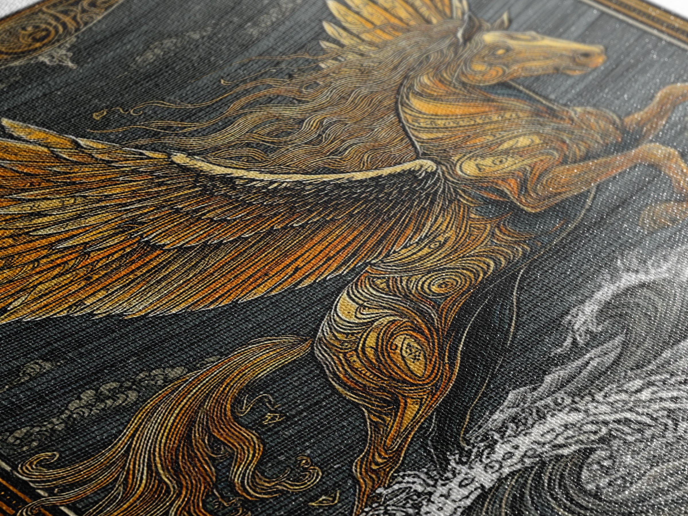 Pegasus Flying Above Waves, Mythical Winged Horse Art, Canvas Gold Art, Greek Mythology Wall Print, Real Wood Frame, Heroic Statement