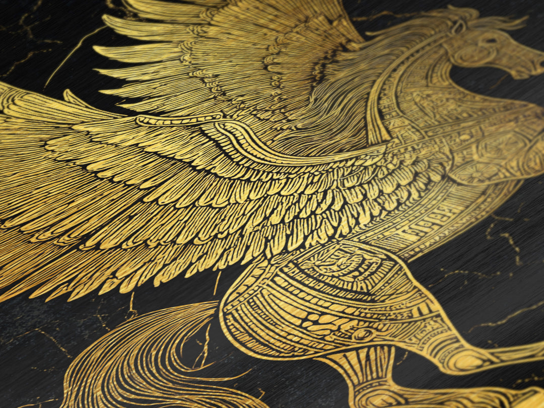 Golden Pegasus Metallic Gold Metal Print, Mythological Horse Artwork, Elegant Home Wall Art, Real Wood Framed Fantasy Decor
