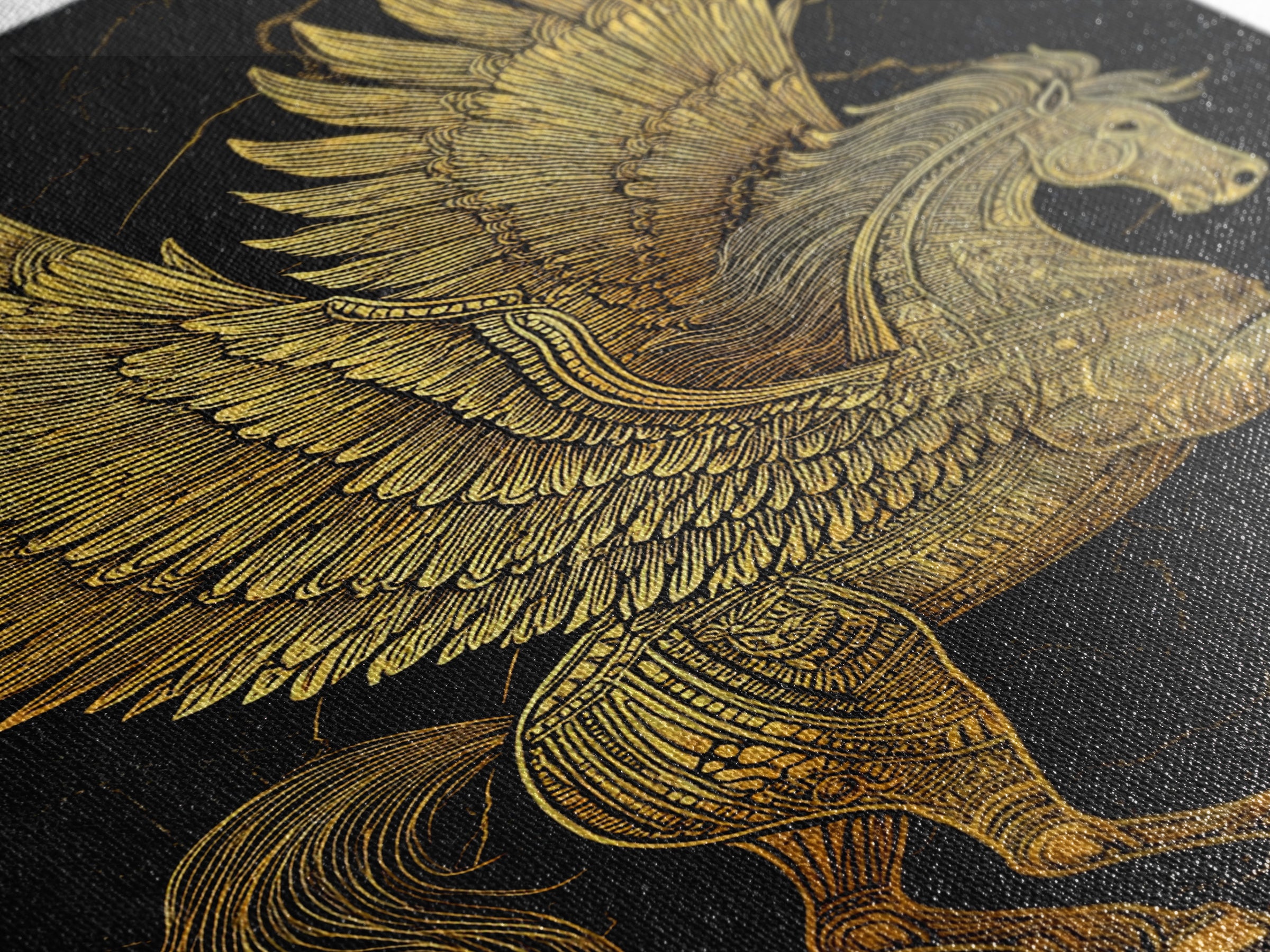 Golden Pegasus Canvas Gold Canvas Print, Mythological Horse Artwork, Elegant Home Wall Art, Real Wood Framed Fantasy Decor