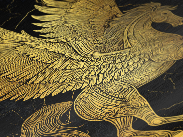 Golden Pegasus Metallic Gold Metal Print, Mythological Horse Artwork, Elegant Home Wall Art, Real Wood Framed Fantasy Decor
