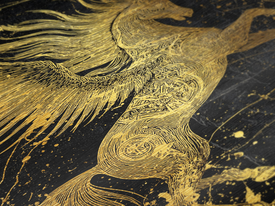 Abstract Pegasus Metallic Gold Art, Mythology Wall Print, Unique Equine Design, Real Wood Framed Modern Mythical Artwork