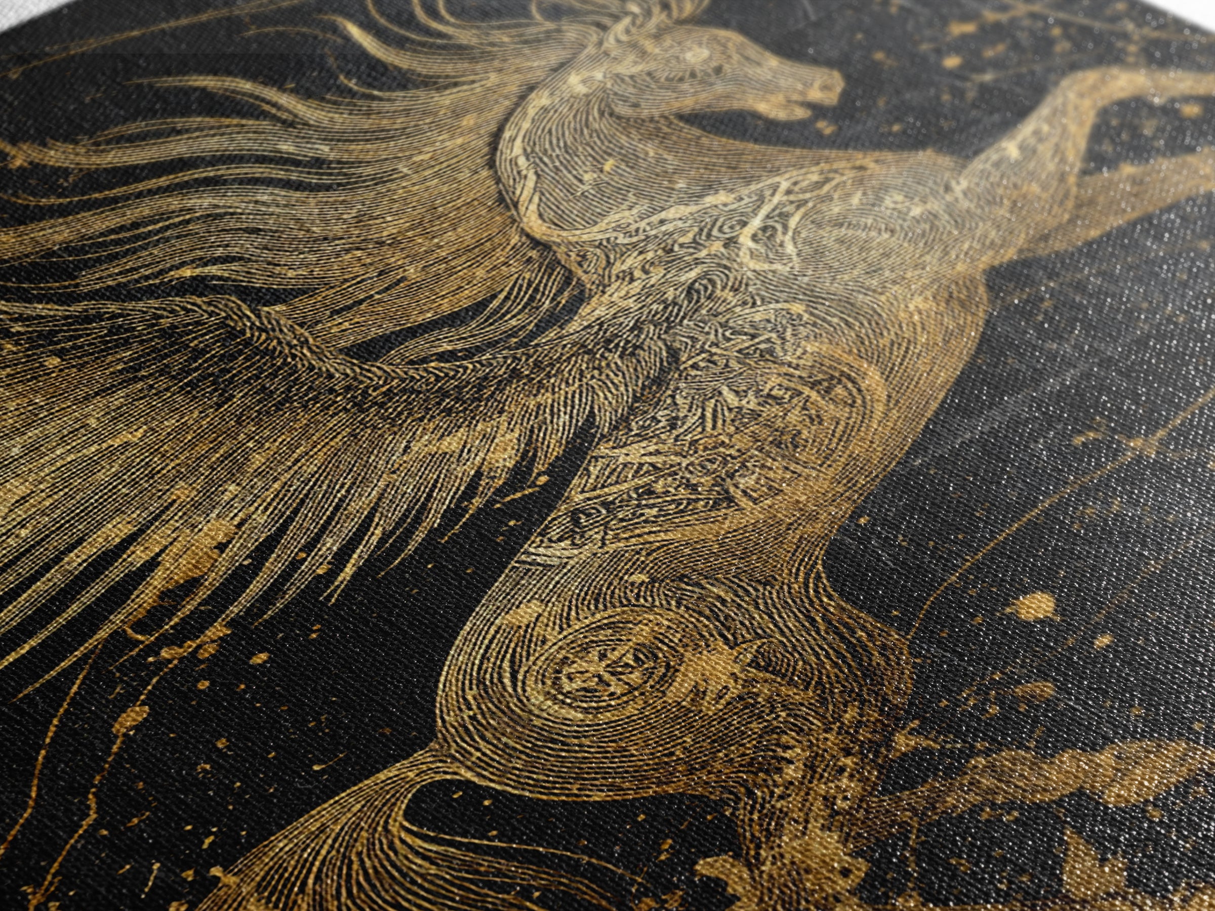 Abstract Pegasus Canvas Gold Art, Mythology Wall Print, Unique Equine Design, Real Wood Framed Modern Mythical Artwork