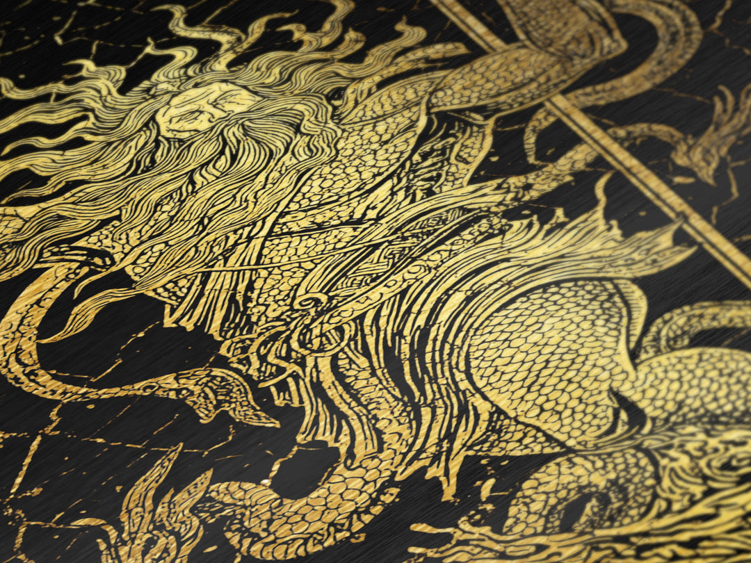 Poseidon Sea God With Serpent Metallic Gold Metal Print, Ocean Deity With Trident Metallic Gold Art, Real Wood Frame Mythological Decor