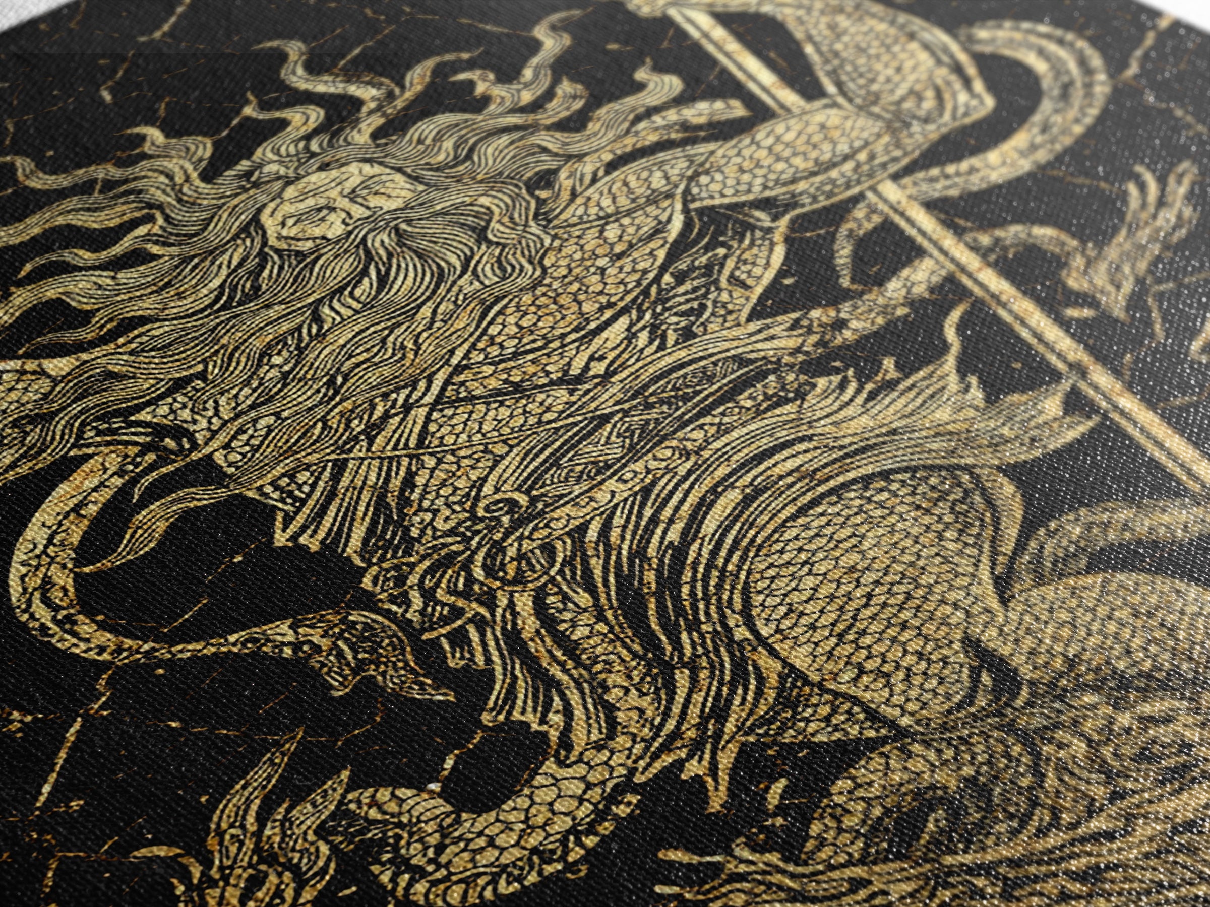 Poseidon Sea God With Serpent Canvas Gold Canvas Print, Ocean Deity With Trident Canvas Gold Art, Real Wood Frame Mythological Decor