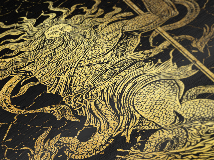 Poseidon Sea God With Serpent Metallic Gold Metal Print, Ocean Deity With Trident Metallic Gold Art, Real Wood Frame Mythological Decor