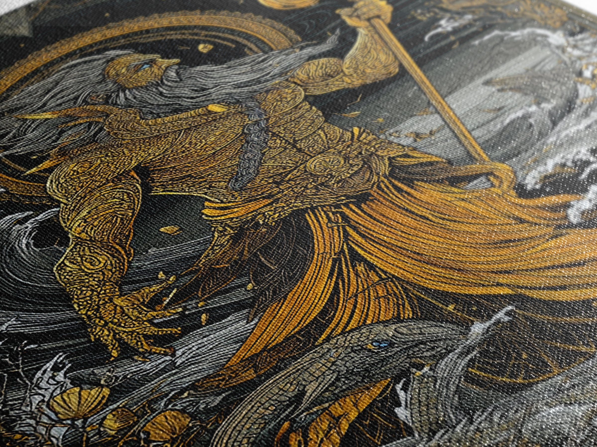 Poseidon Mythical Sea God Canvas Gold Canvas Print, Ocean Trident Warrior Canvas Gold Art, Real Wood Frame Ancient Mythology Decor