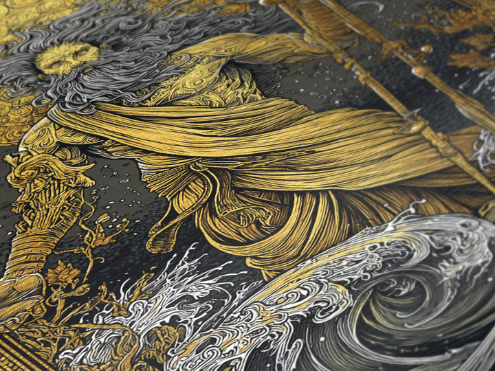 Poseidon Ocean God With Trident Metallic Gold Metal Print, Mythical Sea Deity Metallic Gold Art, Real Wood Frame Mythology Wall Art