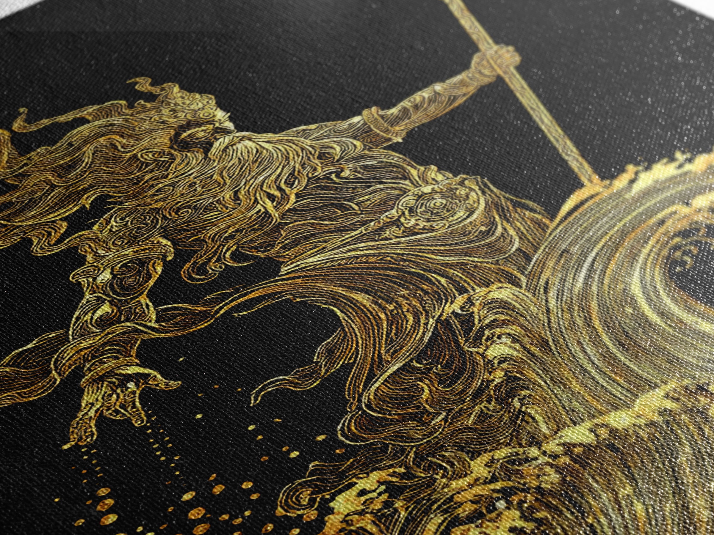 Poseidon Sea God Statue Canvas Gold Canvas Print, Ocean Deity With Waves Canvas Gold Art, Real Wood Frame Classical Mythology Decor