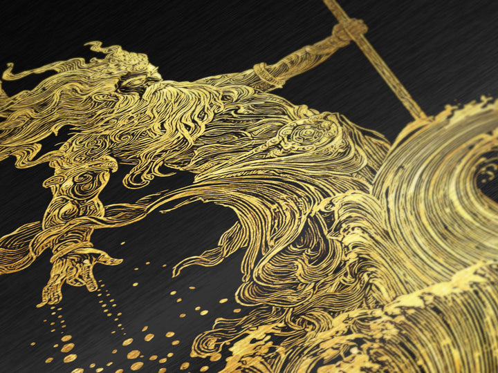 Poseidon Sea God Statue Metallic Gold Metal Print, Ocean Deity With Waves Metallic Gold Art, Real Wood Frame Classical Mythology Decor